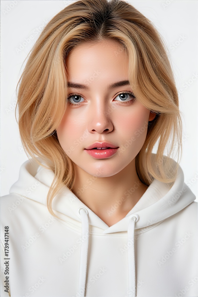 Fototapeta premium Attractive young woman with blonde hair wearing a white hoodie portrait