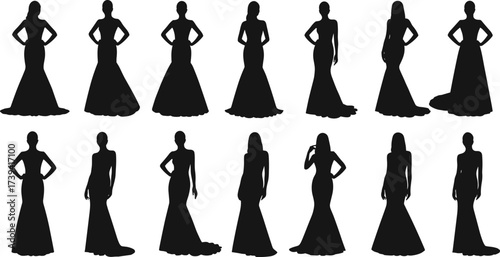 Elegant gown silhouette, female fashion vector, mermaid dress sketch, black and white pose grid, stylish woman illustration set