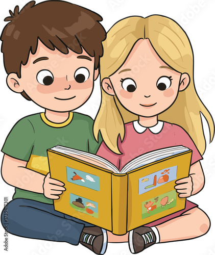 Cute kids reading book together, happy children enjoying story, childhood learning, boy and girl sitting, studying friendship, classroom education, storytelling illustration