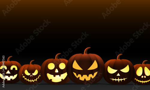 Halloween pumpkins set vector design isolated in dark orange black and spooky night. Halloween orange pumpkin with funny and scary faces for holiday season spooky trick or treat collection. 