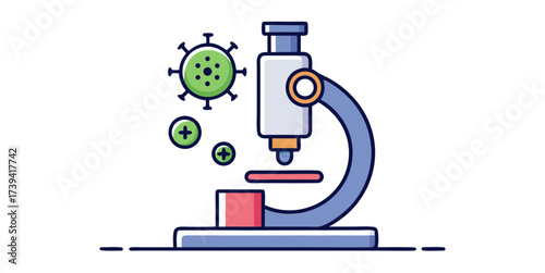 Microscope examining green virus particles symbolizing scientific research, microbiology, infection analysis and healthcare diagnostics