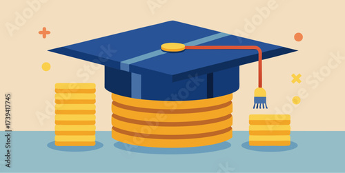 Graduation cap on stacked coins representing financial investment in American higher education and the cost of student tuition