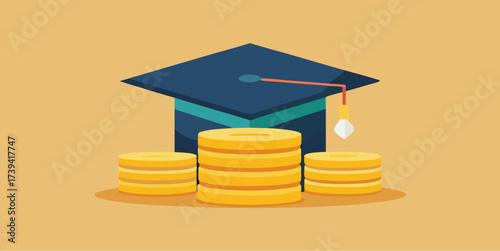Student graduation cap with gold coins symbolizing American education costs, college savings or student loan debt