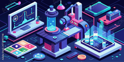 Futuristic laboratory with high-tech scientific equipment, digital screens, and glowing devices representing innovation and advanced research