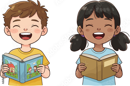 Happy cartoon boy and girl reading books together, smiling children studying, educational illustration, kids learning, fun reading activity, joyful childhood learning