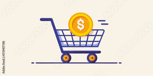 Shopping cart with large gold coin symbolizing spending, consumerism, online purchases and e-commerce transactions