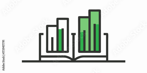 Open book with green bar charts inside symbolizing education analytics, academic performance and knowledge development