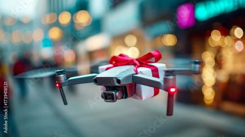Wallpaper Mural Modern drone carrying a wrapped Christmas gift with red ribbon, symbolizing innovative holiday delivery and future technology Torontodigital.ca