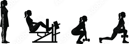 Fitness exercise silhouette set, leg press, squat, lunge, strength training poses, black vector illustration, gym workout, lower body focus