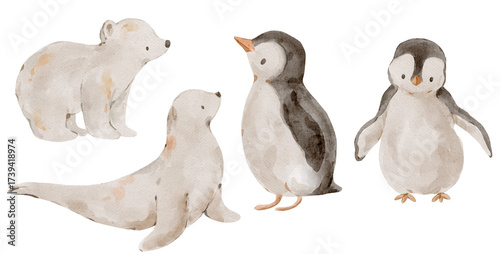 Canvas Print Watercolor Polar Animals, Cute Arctic Bear Seal and Penguin Chicks for Winter Ch