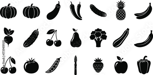 Fruit and vegetable silhouettes, healthy food icons, black design set, nutrition symbols, organic produce, vector illustration, kitchen, diet, farming