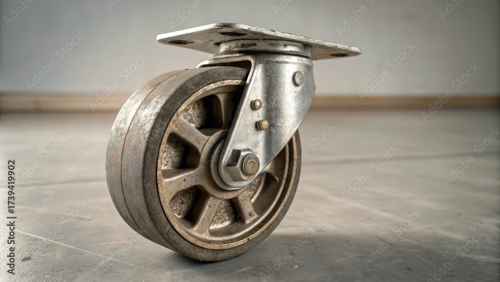 Obraz premium Close up of industrial caster wheel on smooth surface with subtle lighting