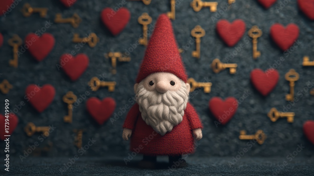Fototapeta premium A whimsical gnome figure stands in front of a backdrop of hearts and keys, evoking a playful and enchanting atmosphere filled with love and mystery.