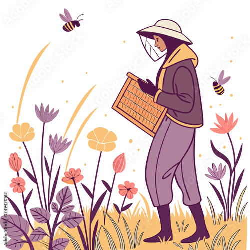 Beekeeper in protective suit amidst flowers and grass holding a honeycomb frame Keywords: beekeeper, beekeeping, bee, bees, honeycomb, hive, apiary, apiarist, insect, swarm, honey, nature