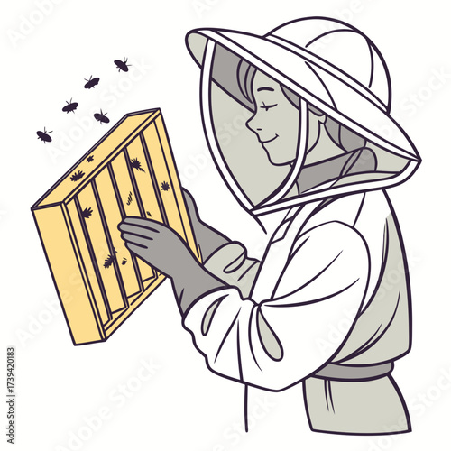 Beekeeper in protective suit examining a frame with bees and honeycomb beekeeping veil