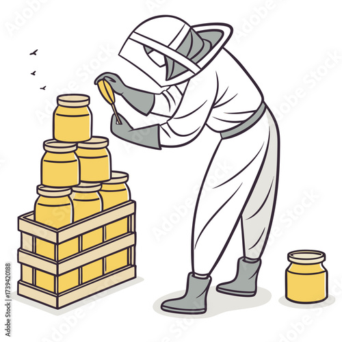 Beekeeper in protective suit examining jars of honey stacked in a wooden crate beekeeping