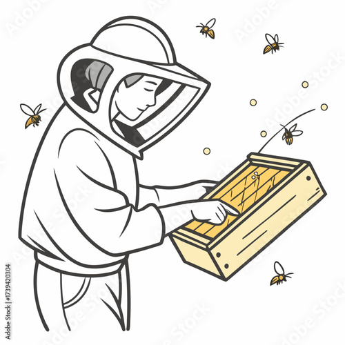 Beekeeper in protective suit inspecting a honeycomb frame with bees flying around Keywords: beekeeper, beekeeping, bee, bees, honeycomb, hive, apiary, apiarist, insect, swarm, honey, nature