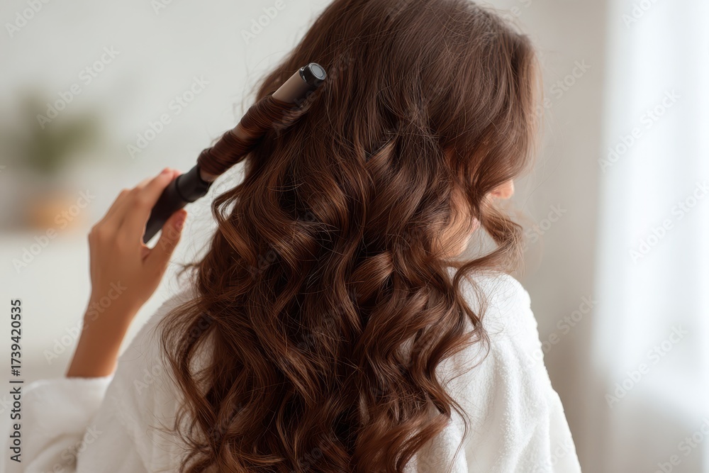 Obraz premium A woman curls her long brown hair with a curling iron, preparing for a special occasion. Her hair is shiny and healthy, styled at home with elegance.
