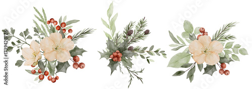 Watercolor Christmas Floral Arrangements, Winter Flowers and Greenery with Red Berries for Holiday Cards, Invitations and Seasonal Decor