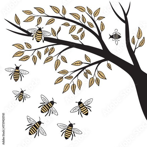 Black tree with yellow leaves and flying bees on white background Keywords: tree, bees, insects, nature, autumn, fall, leaves, branches, flying, swarm, yellow, black, outline, drawing