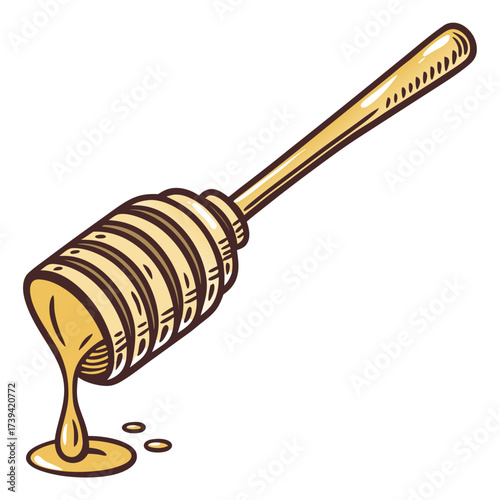 Cartoon honey dipper with golden honey dripping onto a white background liquid sweet