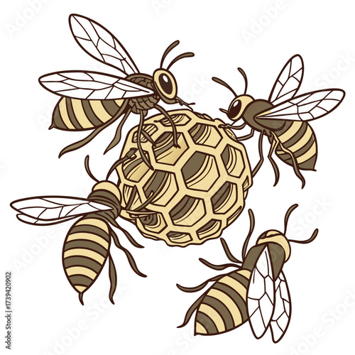 Four bees gathered around a honeycomb structure on a white background Keywords: bees, honeybee, insects, honeycomb, hive, structure, teamwork, colony, community, cooperation, work, nature