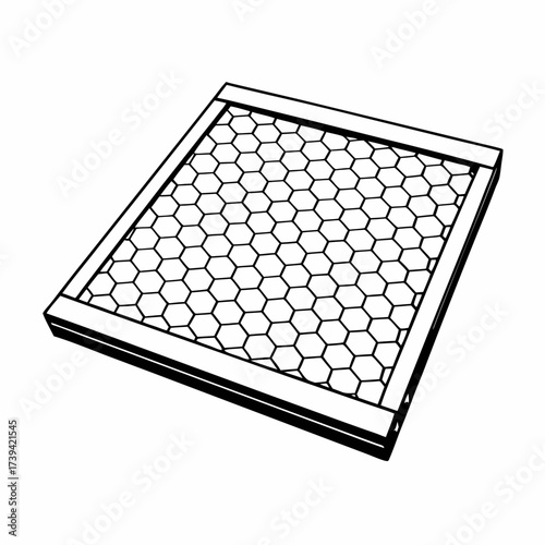 Outline drawing of a wooden beehive frame with hexagonal honeycomb pattern vector illustration