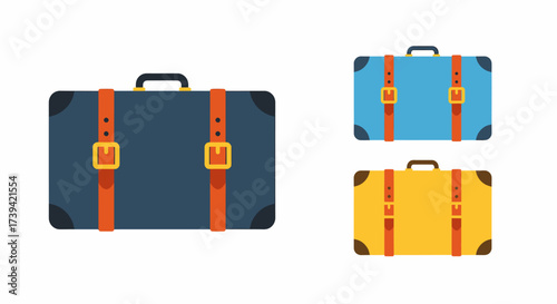 Three vintage-style suitcases, one large dark blue and two smaller ones in bright blue and yellow, are displayed against a white background.