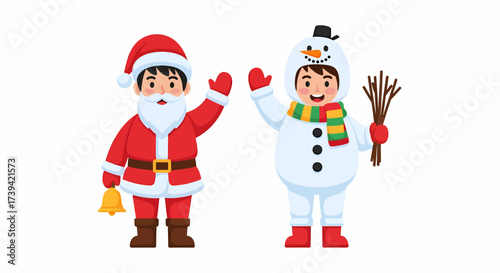 Illustration of a boy dressed as Santa Claus and a boy dressed as a snowman waving.