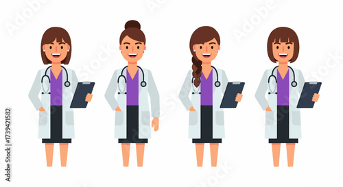 Four diverse female doctors in white coats, holding clipboards, smiling, and ready to assist patients.