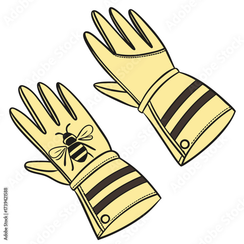 Pair of yellow beekeeping gloves with bee and stripe design protective gear equipment