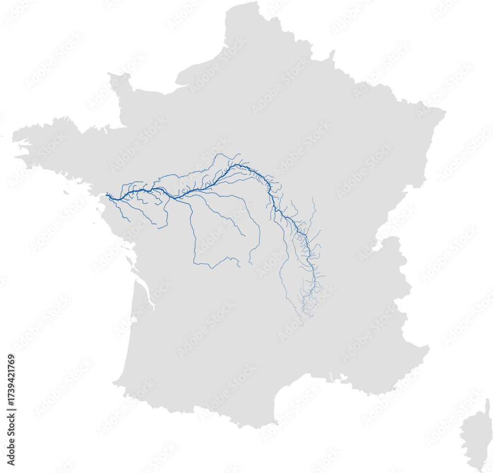 Fototapeta premium Loire river system – rivers vector map of France highlighting main stem and primary tributaries (Web Mercator, scaled by river size, PPT-compatible, multi-layered & fully editable)