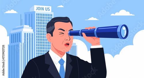 A businessman in a suit looks through a telescope at a building with a 'Join Us' sign, symbolizing recruitment and opportunity.