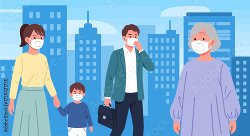 Illustration of a family and an elderly person wearing face masks in a city environment.