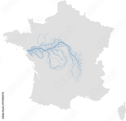 Loire river system – rivers vector map of France highlighting main stem, primary and secondary tributaries (Web Mercator, scaled by river size, PPT-compatible, multi-layered & fully editable)