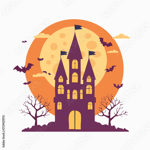 Spooky Halloween house and pumpkin illustration with bats on a dark October night