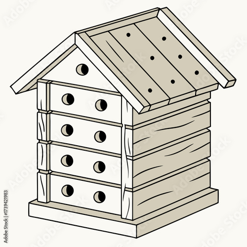 Wooden Beehive with Multiple Compartments and Circular Entrances bee house insect hotel