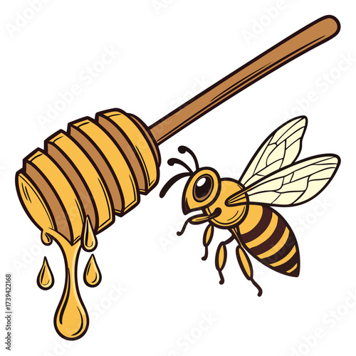 Bee near a honey dipper with dripping honey insect honeybee