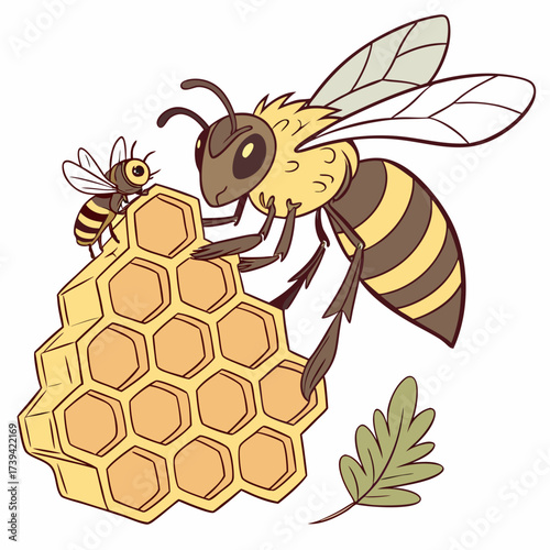 Adult bee and baby bee on honeycomb with a leaf on white background Keywords: bee, baby bee, honeycomb, hexagon, insect, animal, nature, sweet, food, yellow, brown, outline, drawing, illustration