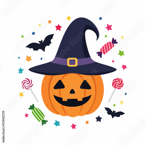 A cute cartoon witch with a cat sits on a giant pumpkin under the moon and bats, a spooky Halloween illustration in orange and black