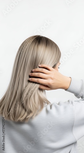 Woman with ash blonde hair touching head isolated on white background