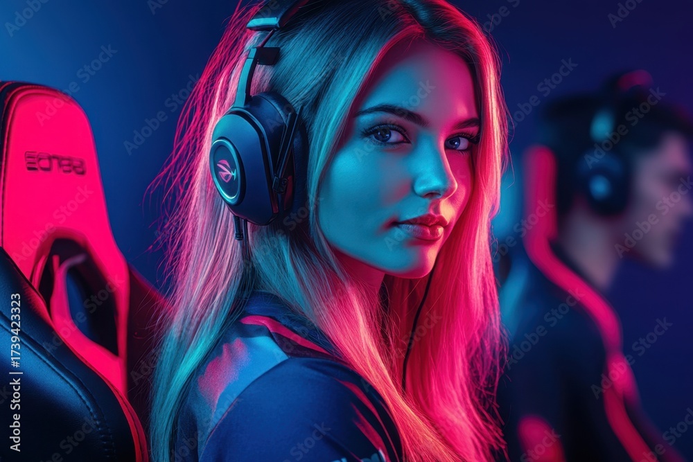 Obraz premium Young gamer focused on competition in colorful esports arena
