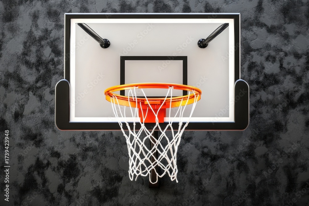 Naklejka premium Basketball hoop positioned against a dark textured background with a focus on the net