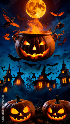 Surreal Halloween poster-style scene with witches, bats, bonfire, pumpkins and cauldron, vibrant complementary colors.