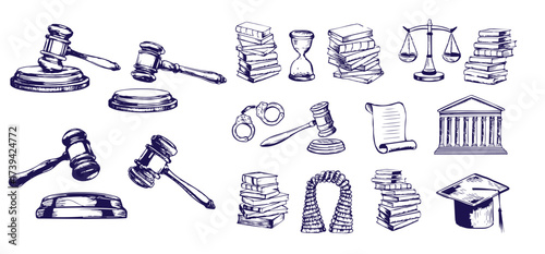  Law symbols set. Scales vector hand drawn