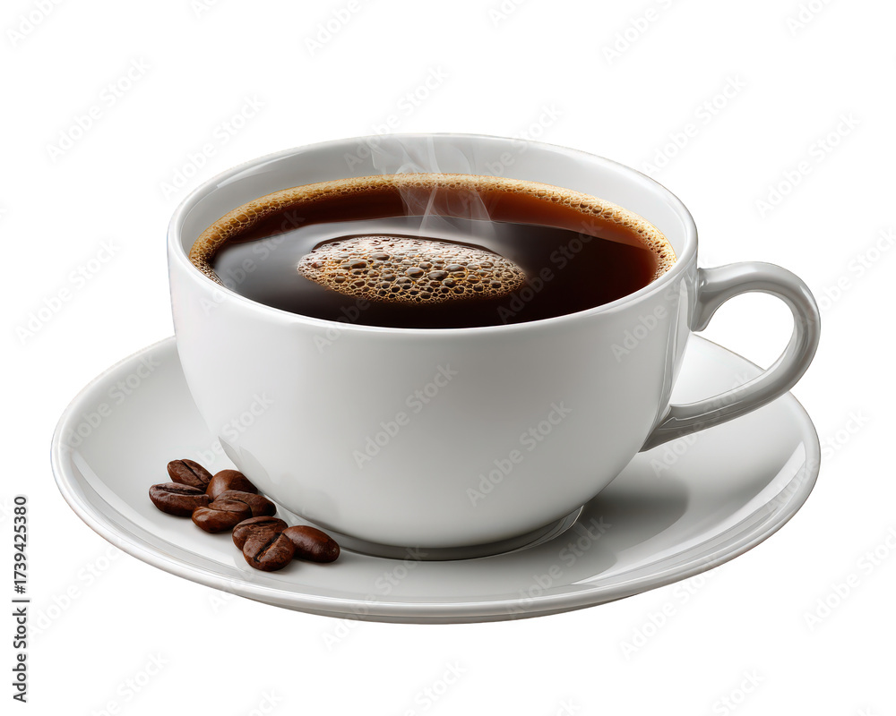 Fototapeta premium Hot black coffee cup with rising steam, comforting and aromatic beverage for morning. Roasted coffee beans sit on saucer, perfect start to day