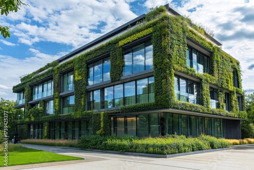 Futuristic eco friendly building with green terraces