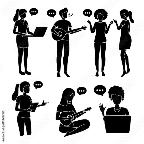 Virtual online communication is depicted through a set of characters engaging in chats, conferences, playing music, and partying in a modern flat illustration