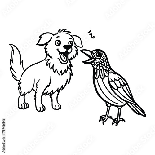 Bird sings, dog listens quietly
