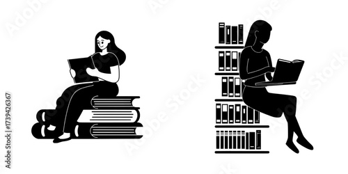 A modern illustration depicts an online library concept in a flat outline design featuring characters, including a woman reading e-books and storing books in cloud storage or on a device, as well as